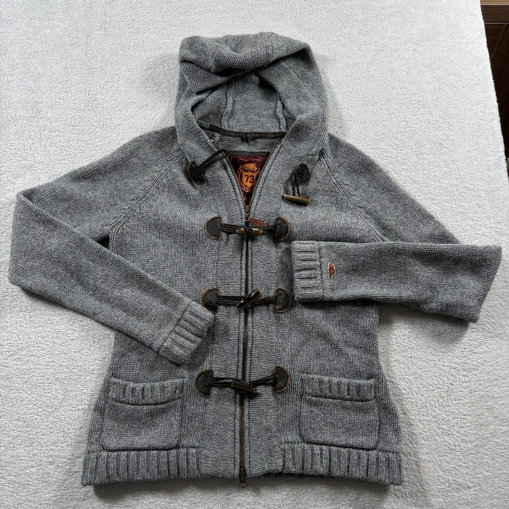 Roots Cardigan Sweater Women L Gray Cotton Tight Knit Hooded Raglan Sleeve Warm